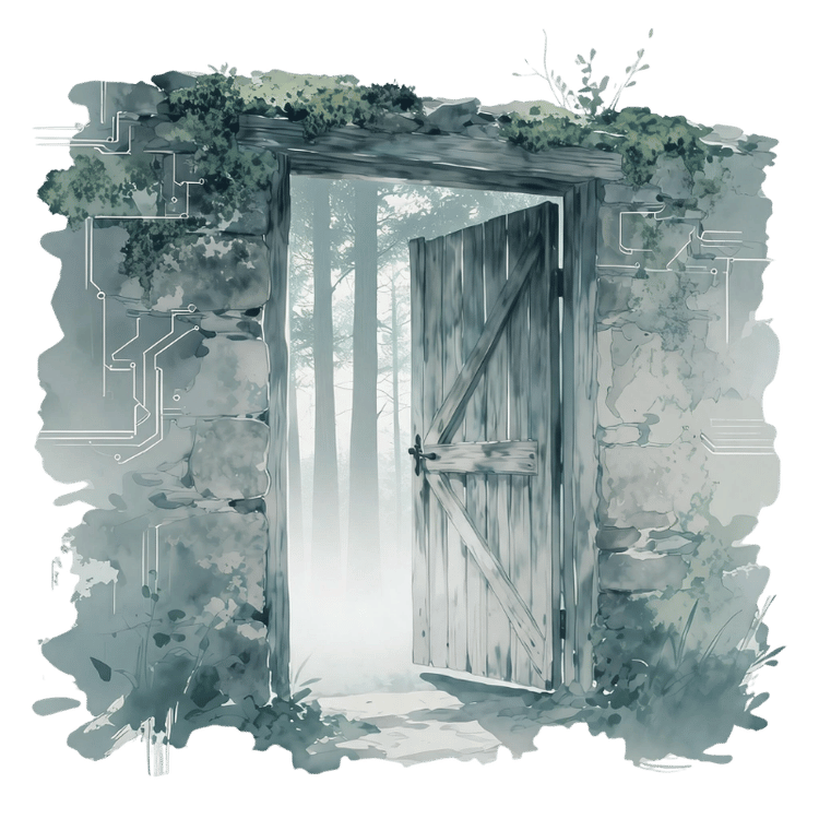 An open door leading to a green path